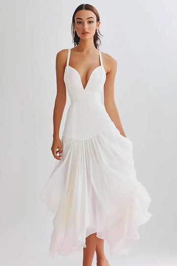 White Pleated A Line Chiffon V Neck Ruffled Long Formal Dress